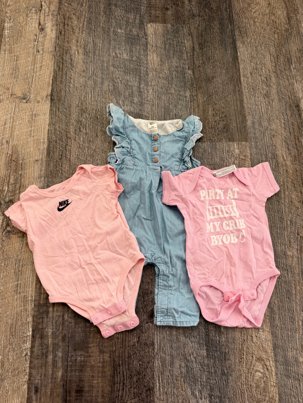 Nike, Baby B'gosh & Skins Pink Short Sleeve Baby Bodysuit Trio with Denim Romper